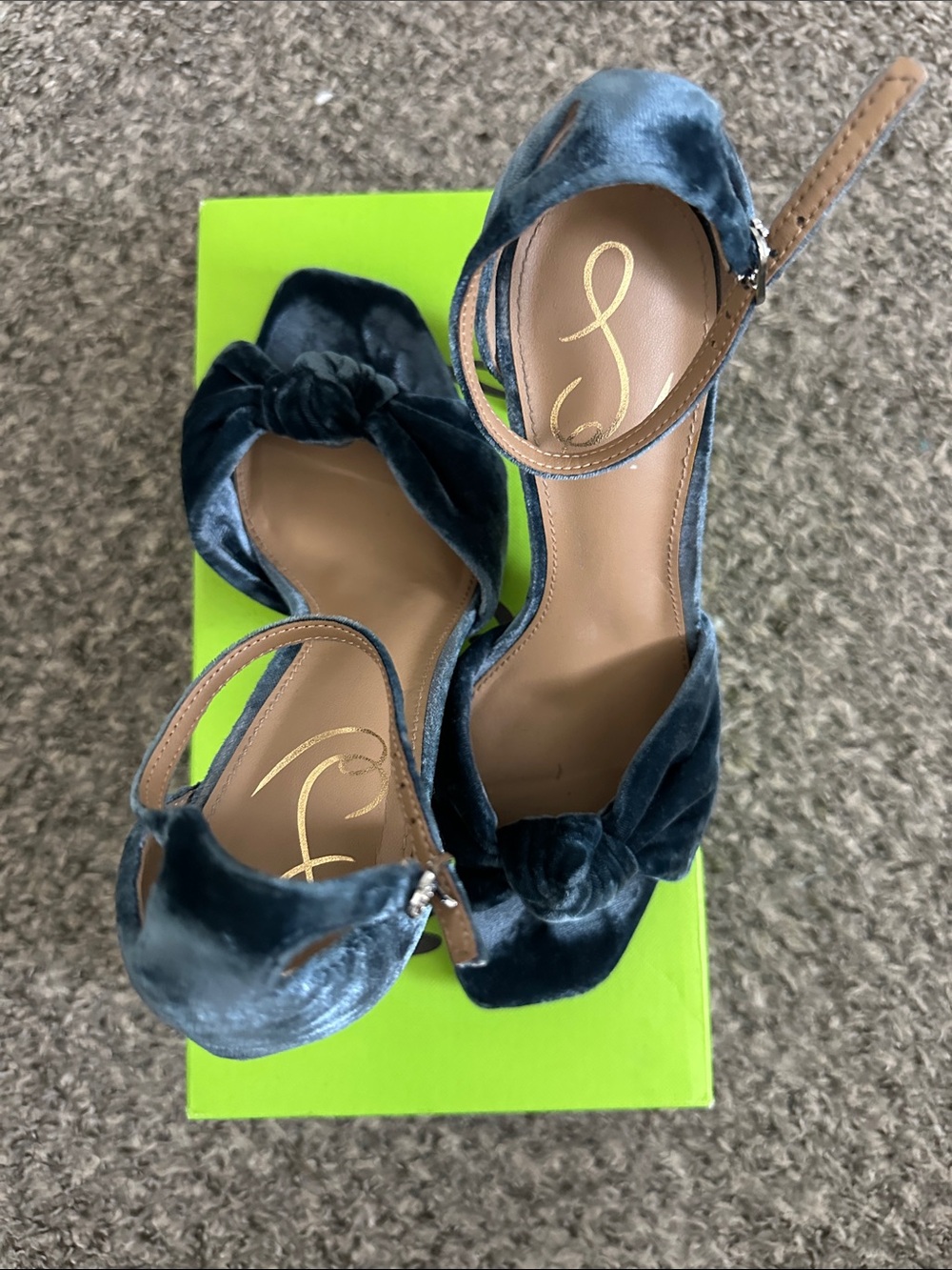 Sam Edelman Dark Teal Velvet Knot Ankle-Strap Heels - Picture 3 of 3